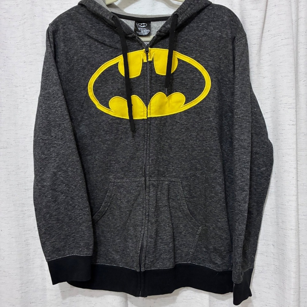 DC Comics Batman Hoodie Mens Medium Charcoal Grey Yellow Bat Signal Zip Up Logo